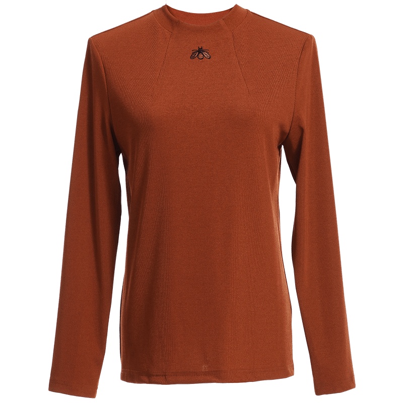 欧昵雪立领蜜蜂绣花修身套头T恤打底衫女长袖上衣