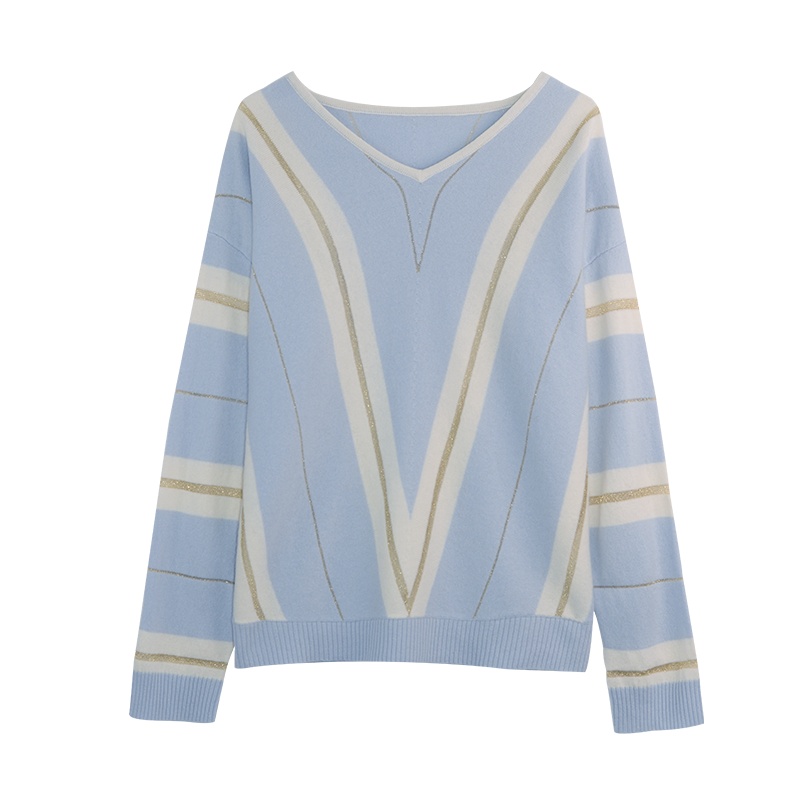 金菊秋冬新款毛衣撞色百搭100%V领羊毛衫女