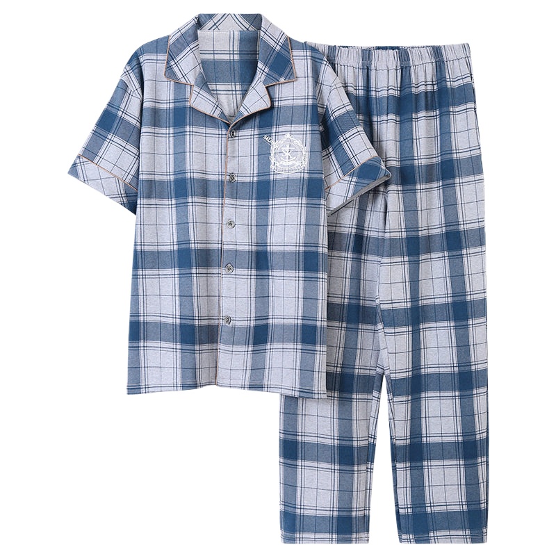 俞兆林二件套睡衣男士夏季棉质短袖长裤开衫家居服薄款宽松大码可外穿套装