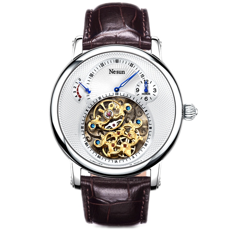 正品尼尚(NESUN)手表男士全自动机械表 男个性时尚大表盘镂空飞轮真皮潮流男表9081