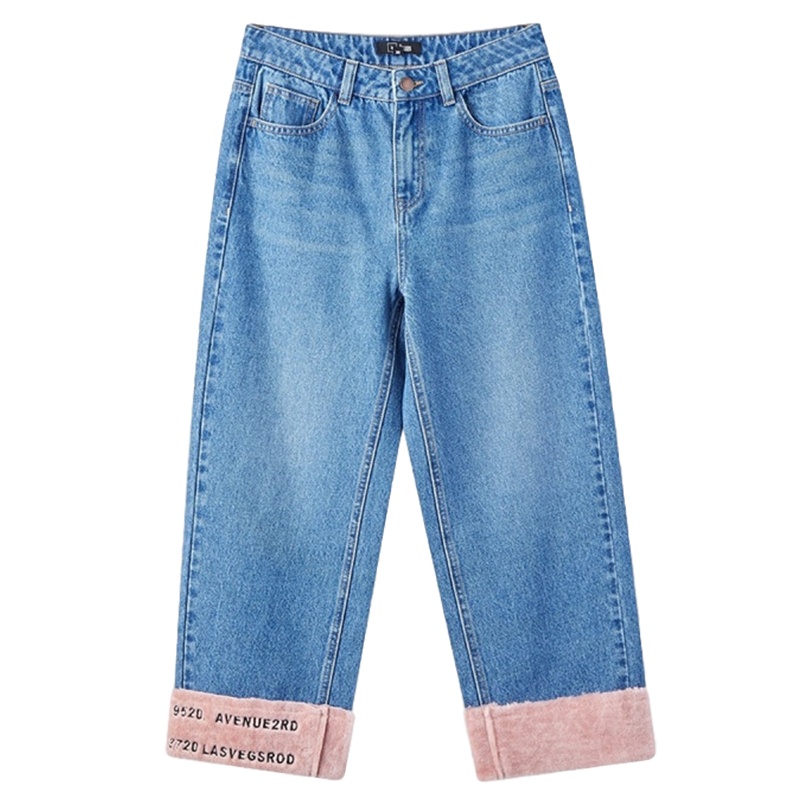 拉夏贝尔女装新款韩版学生百搭七分宽松高腰加绒牛仔裤