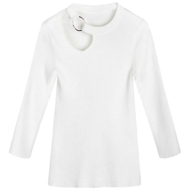 拉夏贝尔7M圆领针织衫女春秋季新款韩版修身显瘦长袖薄款白色打底衫内搭上衣72000393