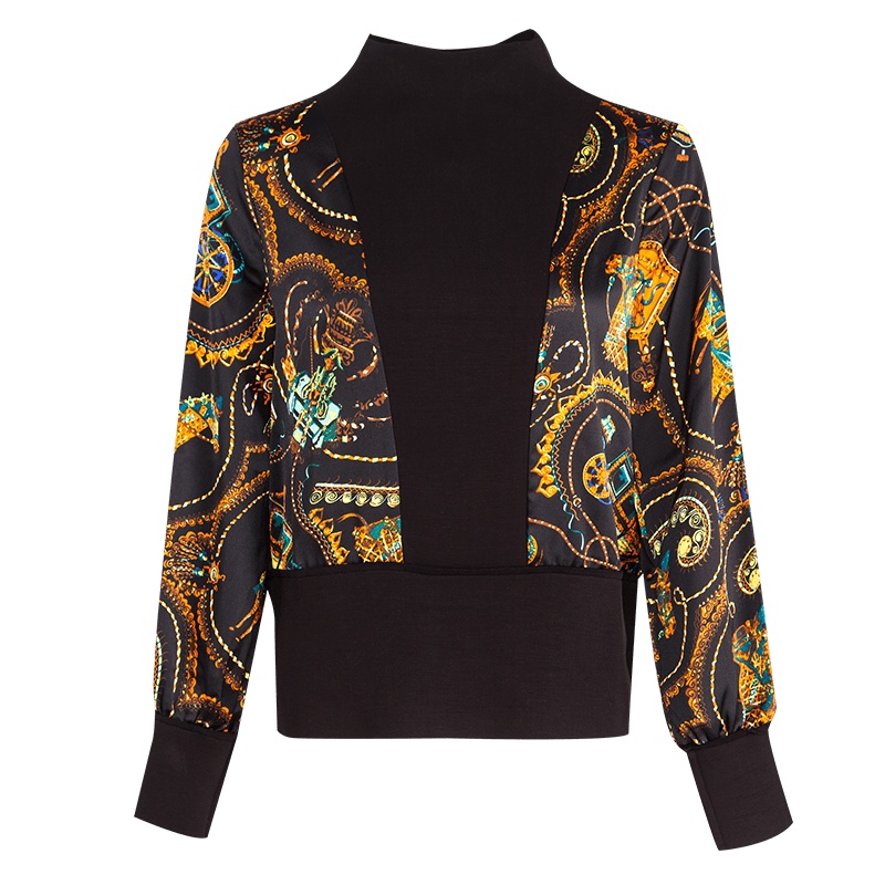 2019秋季新品复古优雅百搭印花气质立领宽松长袖打底衫上衣女