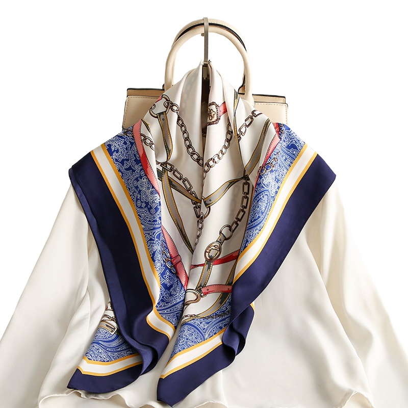 新款90仿真丝丝巾时尚百搭围巾披肩经典链条印花方巾