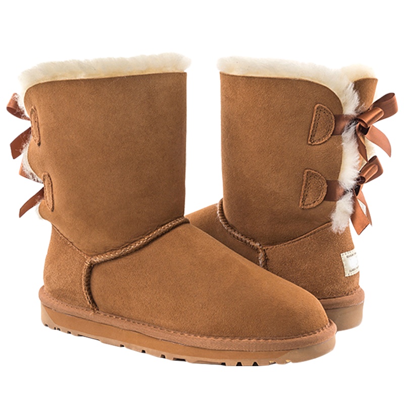 澳洲发货-OZWEAR女款雪地靴经典双蝴蝶结中筒防泼水女鞋羊皮毛一体女士靴子 OZW105/ob364