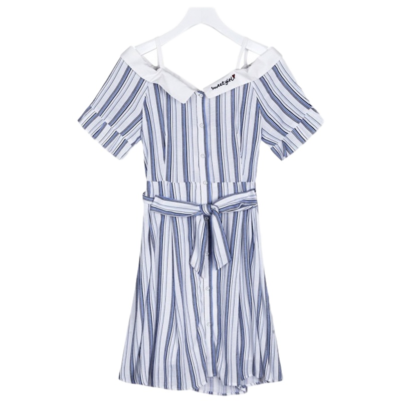 拉夏贝尔夏季新款韩版条纹系带收腰显瘦吊带学生A字中长连衣裙女
