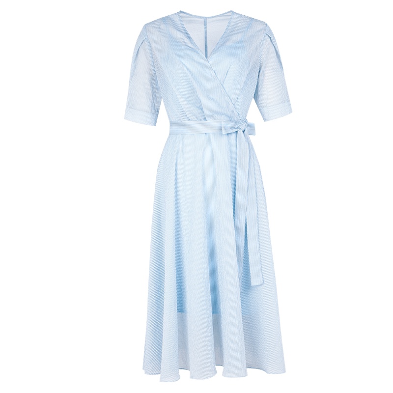 晚白 新品V领条纹系带收腰中长款A字大摆短袖连衣裙女