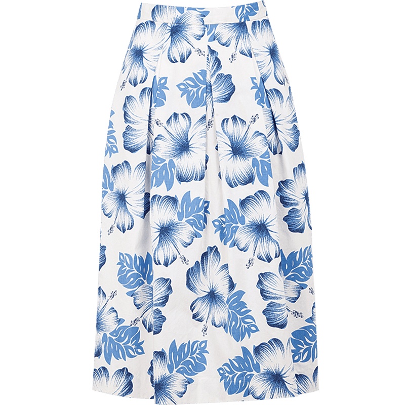 晚白2020秋季新品复古青花瓷印花修身高腰A字半身裙通勤半裙女