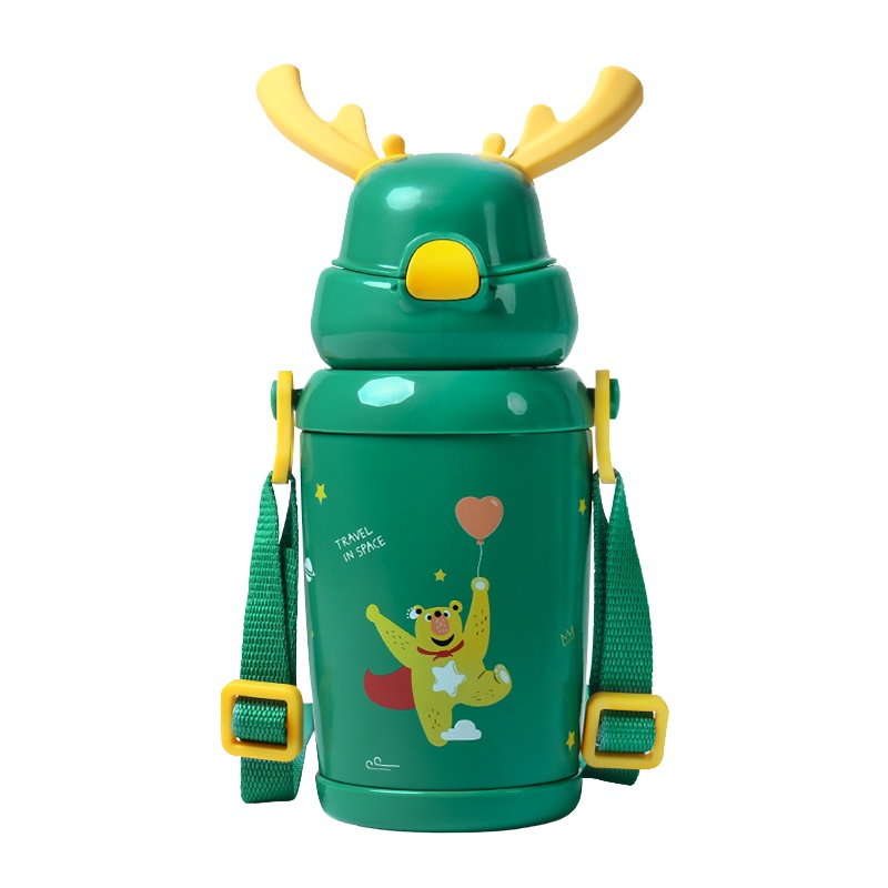 Face儿童保温杯子带吸管宝宝幼儿园女可爱小学生便携316不锈钢壶FCK19海藻绿