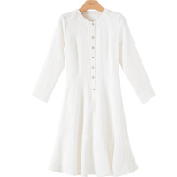 晚白2021春季新品时尚纯色修身显瘦圆领高腰A字淑女百搭连衣裙女