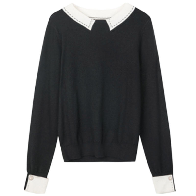 专柜同款拉夏贝尔针织上衣女长袖秋冬2019新款洋气薄款毛衣撞色圆领打底衫10023149