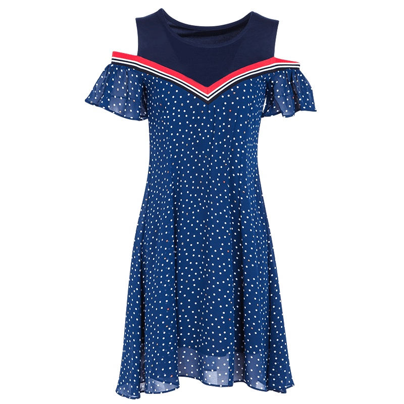 晩白 新品波点露肩喇叭袖收腰显瘦中长款A字雪纺连衣裙