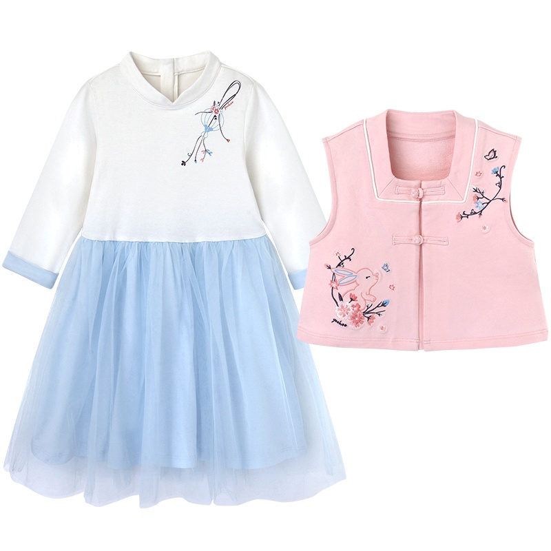 英氏童装儿童套装女童针织国风唐装YRACJ30483A01