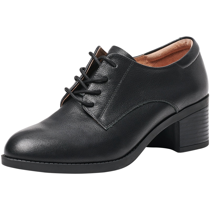 百田森2021秋季新款牛皮高跟鞋女深口系带通勤女单鞋粗跟