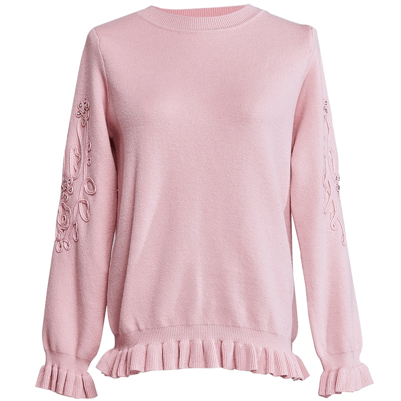 欧昵雪秋冬装绣花钉珠木耳边拼接长袖圆领套头毛衣女