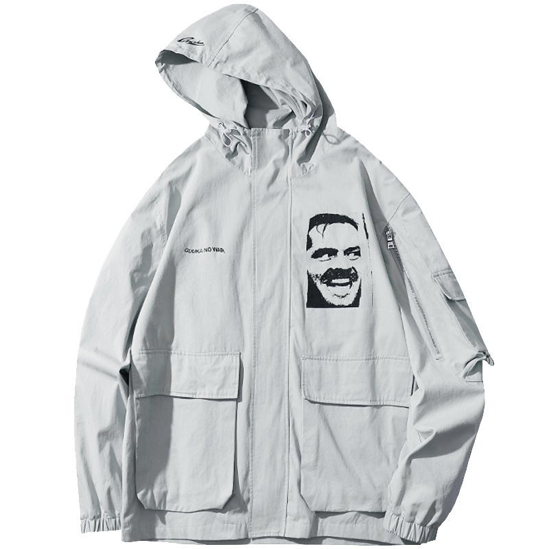GUUKA潮牌灰色防风衣男薄款 学生嘻哈运动多口袋工装风衣外套宽松