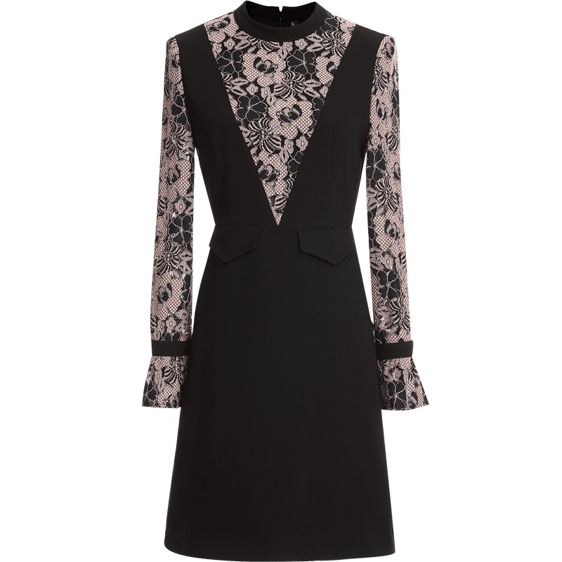 欧昵雪秋冬勾花蕾丝拼接高腰假两件连衣裙女喇叭袖A字裙