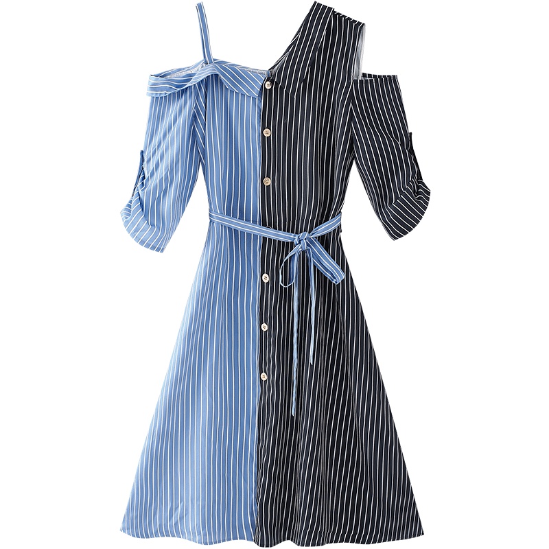 OSA欧莎条纹一字肩衬衫连衣裙女夏2019新款露肩吊带衬衣裙