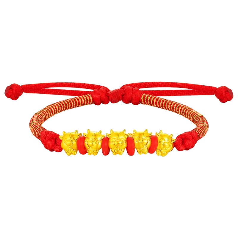 金一国囍足金3D硬金生肖五福牛黄金路路通通用款手绳手链 随机送精美时尚红绳 (定价)ACD073