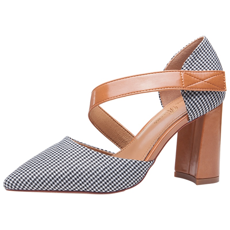 森林公主女鞋鞋新品新潮格子布高跟包头中空女鞋