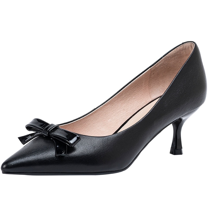 百田森商场同款高跟鞋新款真皮女鞋蝴蝶结细跟尖头浅口单鞋
