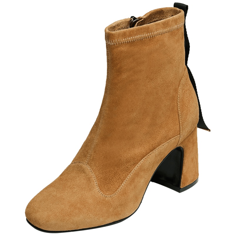 康奈女鞋 冬季纯色方头侧拉链粗跟短靴女气质优雅通勤时装靴1278007