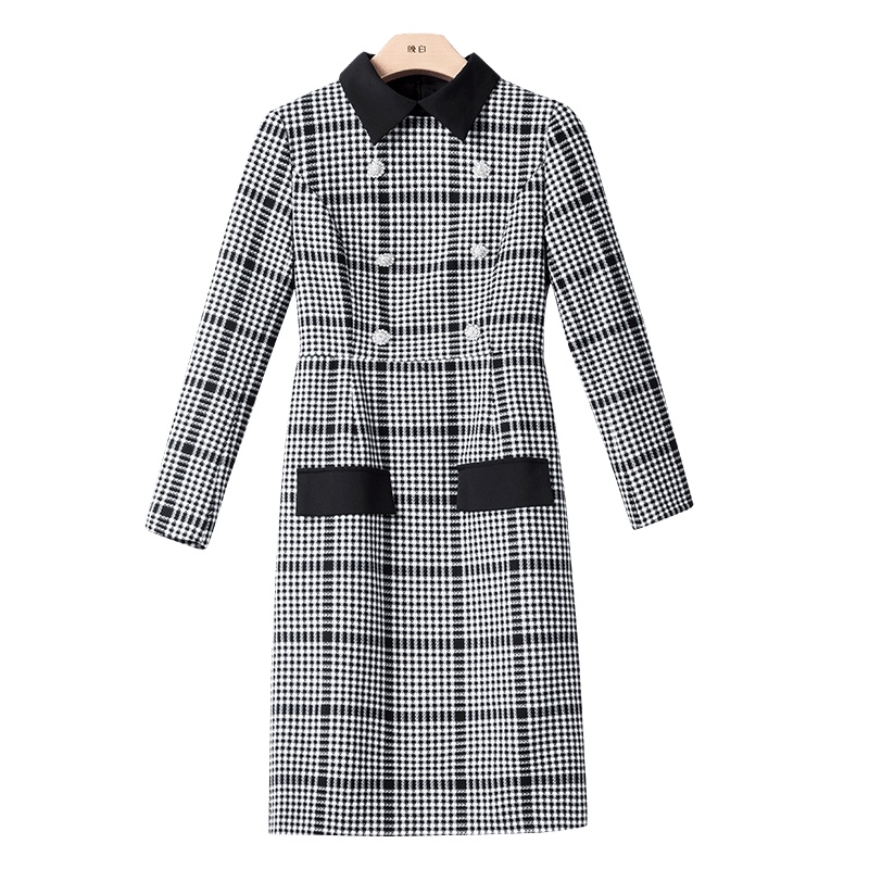 晚白2020冬季新品时尚翻领格子修身显瘦包臀裙通勤打底连衣裙女