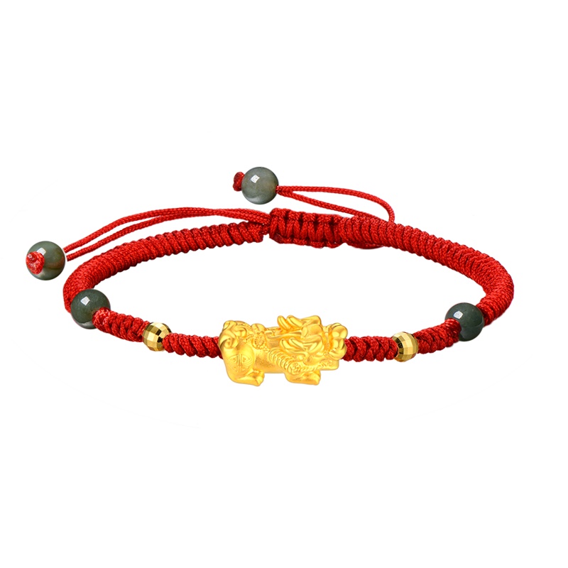 蒂蔻 貔貅黄金手链男女款3D硬金圆珠拉伸款红绳手饰品吉祥狗年足金礼物