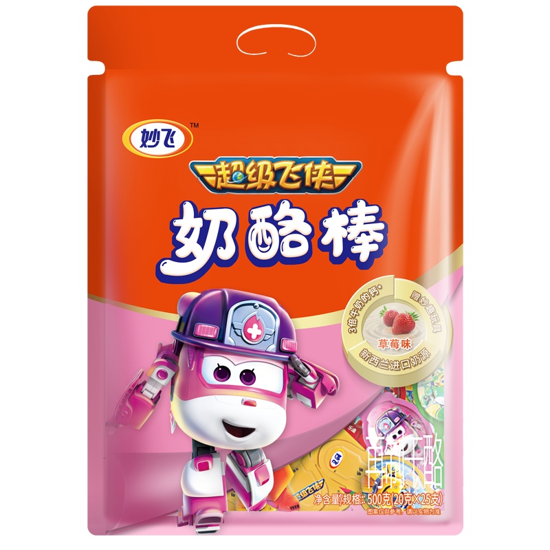 妙飞棒棒奶酪超级飞侠牛奶高钙儿童零食休闲乳酪500g草莓味