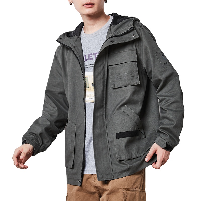 唐狮工装外套男秋季新款夹克男连帽韩版潮流港风休闲工装夹克