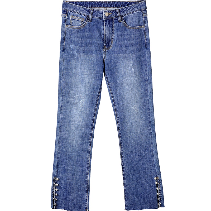 OSA欧莎2019夏季新款修身显瘦cec高腰九分喇叭牛仔裤裤子女