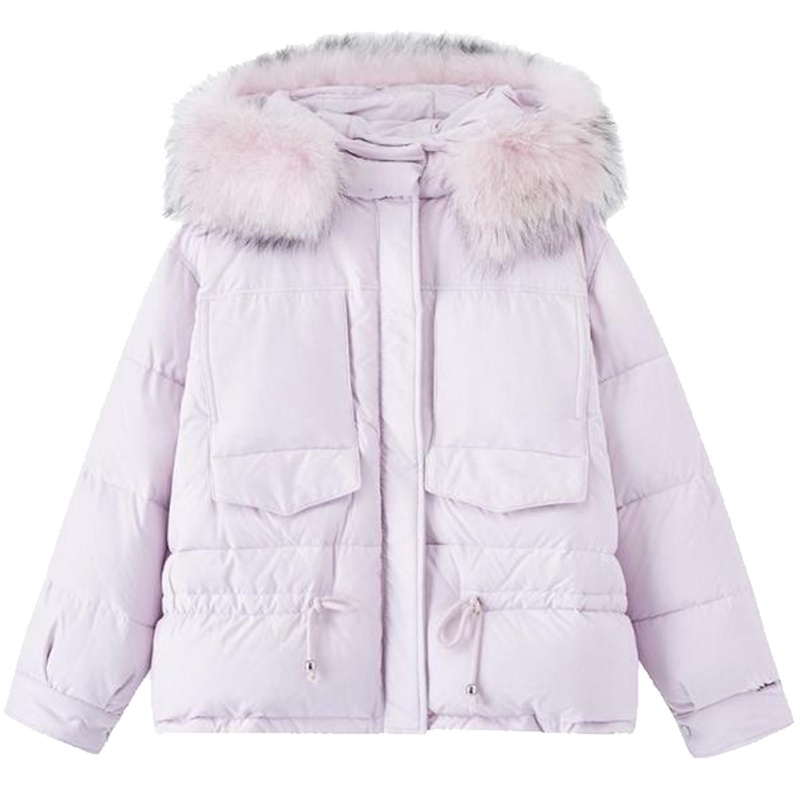 拉夏贝尔大毛领羽绒服女冬装2019秋冬新款韩版工装短款轻薄外套小个子2T000497