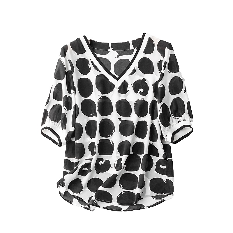 VINCIFAM 真丝上衣女衬衫宽松2019夏装新款时尚波点桑蚕丝短袖t恤