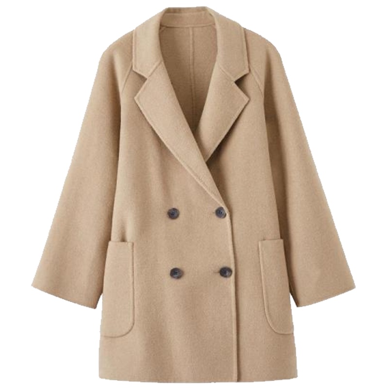 【专柜同款】秋冬季韩版双排扣毛呢女外套加厚翻领直筒呢子宽松中长款女式大衣2T000641