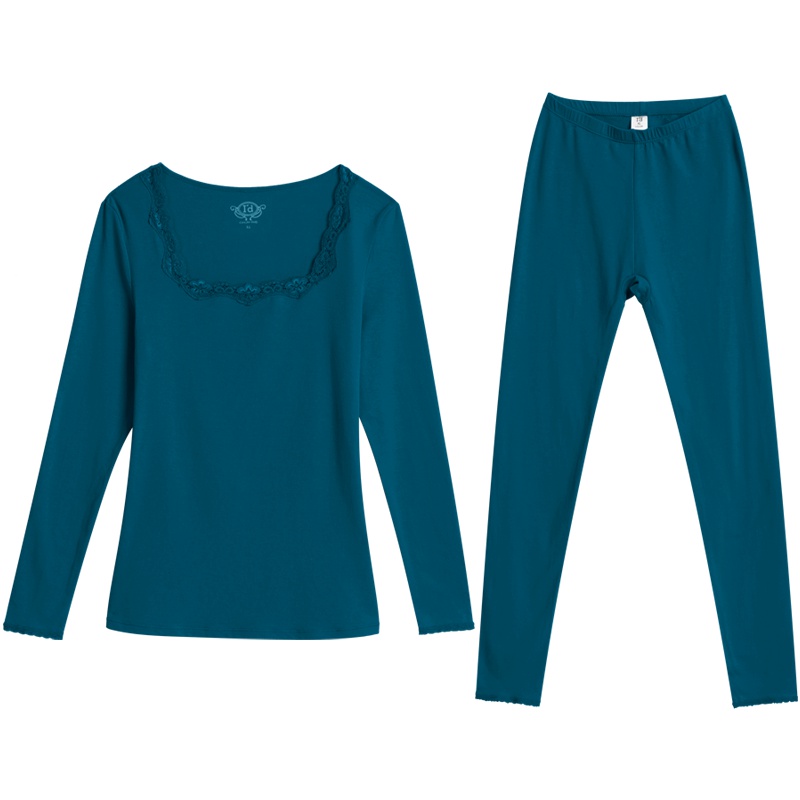 爱帝保暖内衣女薄款秋衣秋裤套装冬季圆领蕾丝纯色基础打底棉毛衫