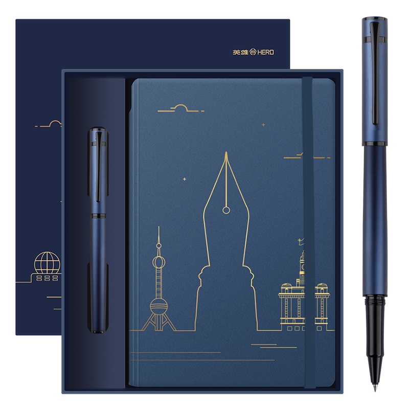 英雄(HERO)宝珠笔h605c黑夹签字笔礼盒套装金属中性笔水笔
