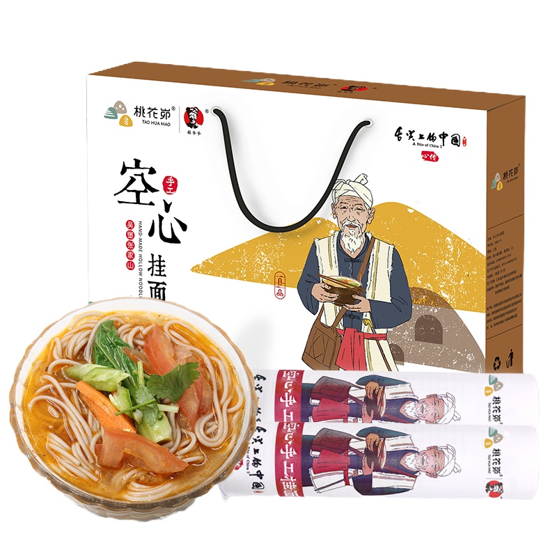 [中华特色]米脂馆 桃花峁 陕北特产 吴堡张家山空心手工挂面舌尖上的中国心传 368g*6把礼盒装
