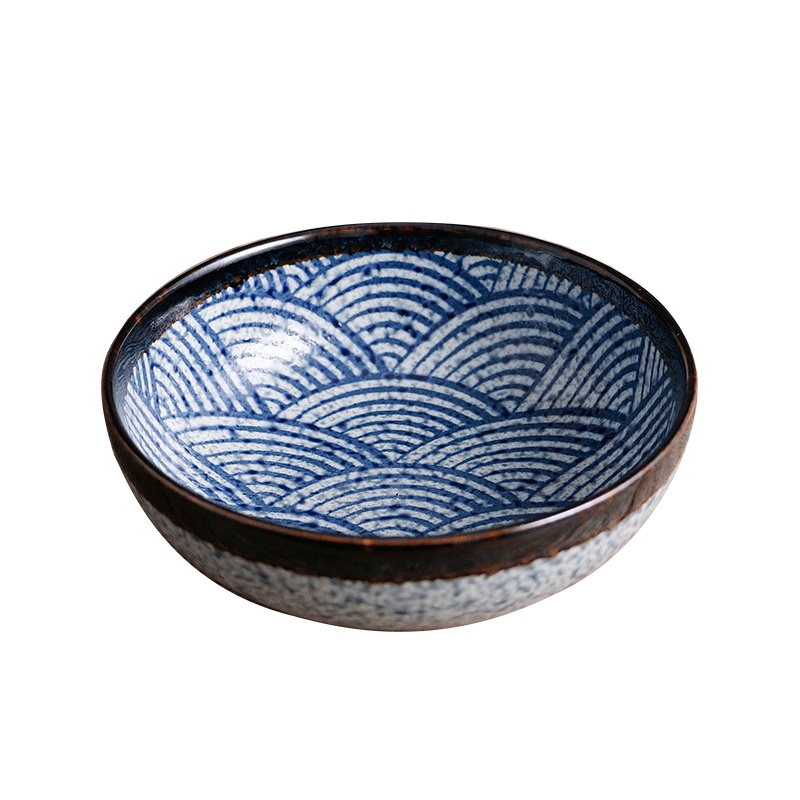 苏宁极物 日本进口爱悦烧青海波釉下彩碗盘碟日式鱼盘和风长方盘陶瓷餐具套装家用(青海波17.5厘米钵碗