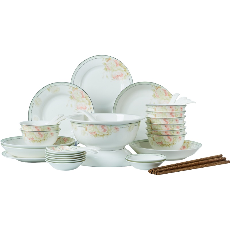 富昱景 景德镇餐具碗碟套装碗菜盘子陶瓷器骨瓷碗碟家用送礼组合吃饭碗 58件春意盎然