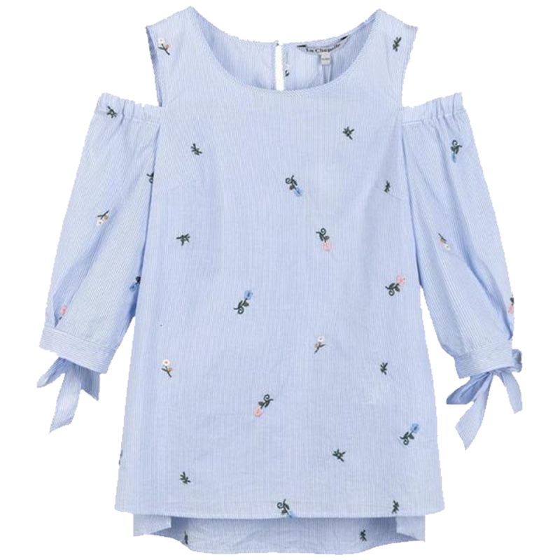 拉夏贝尔秋装新显瘦细条纹露肩上衣中袖刺绣小清新衬衫女10013682