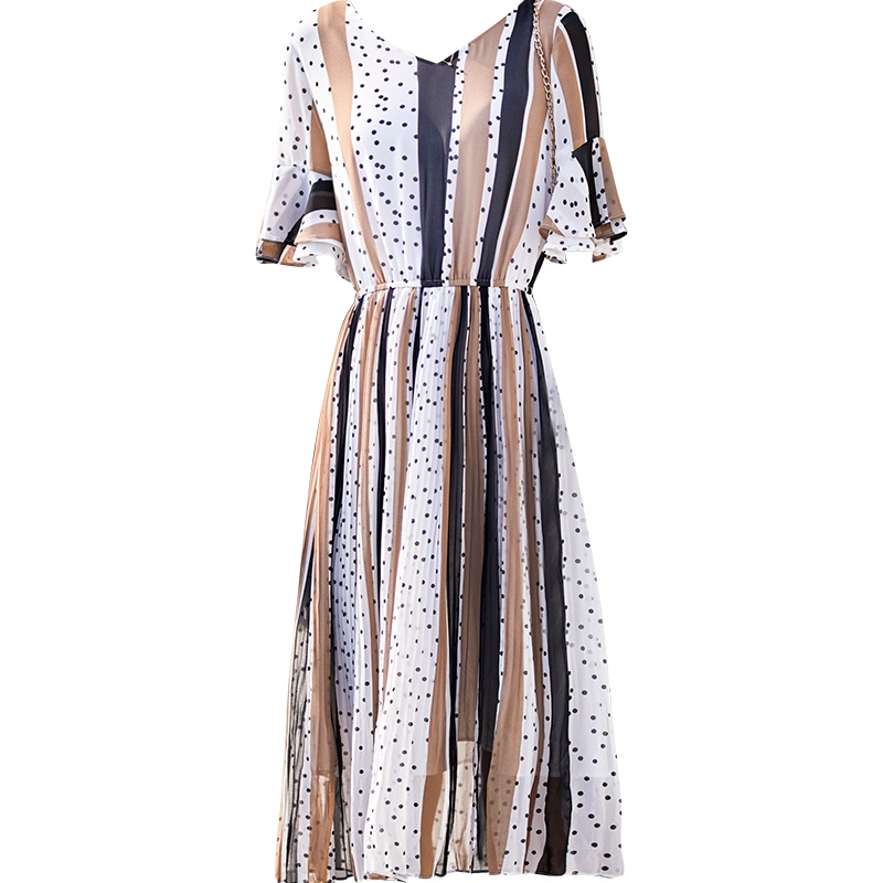 娅丽达夏装2019新款雪纺连衣裙公主裙中长款荷叶袖V领仙女裙子U6356