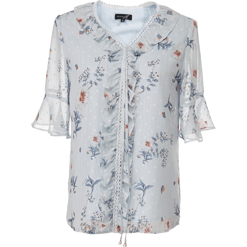 欧昵雪系带荷叶边V领宽松喇叭袖波点碎花雪纺衫上衣女夏短袖