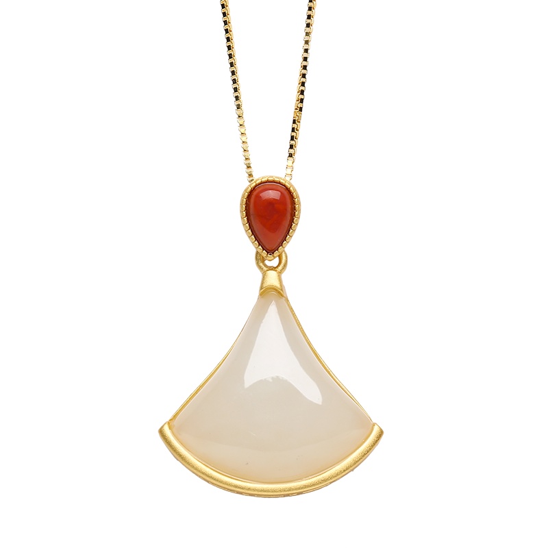 印象眸 s925古法银工艺镶和田玉白玉吊坠锁骨链 附送证书