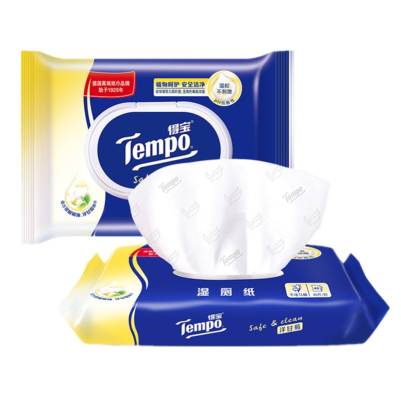 得宝(Tempo)洋甘菊湿厕纸40片3包 植物呵护清爽水润清洁湿巾经期私处房事