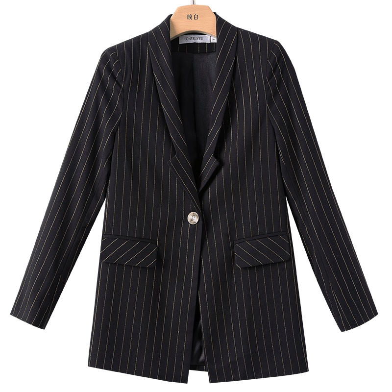 晚白2021春季新品时尚修身显瘦竖条纹系腰带常规职业西装外套女