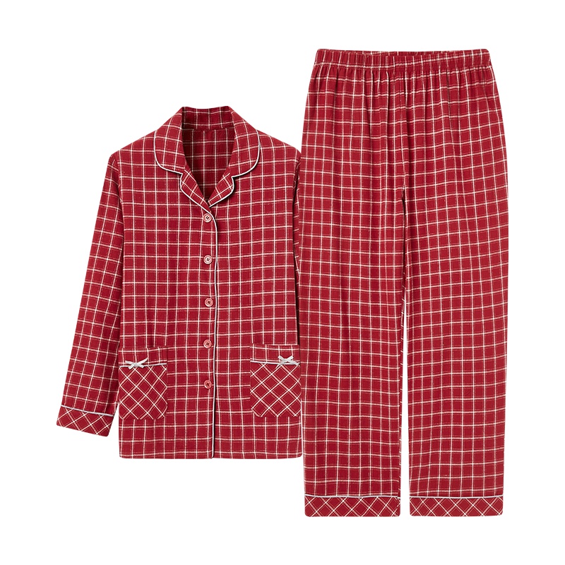 三枪家居服女纯棉2019秋冬彩格绒布格纹睡衣开襟翻领女士居家套装80518D9