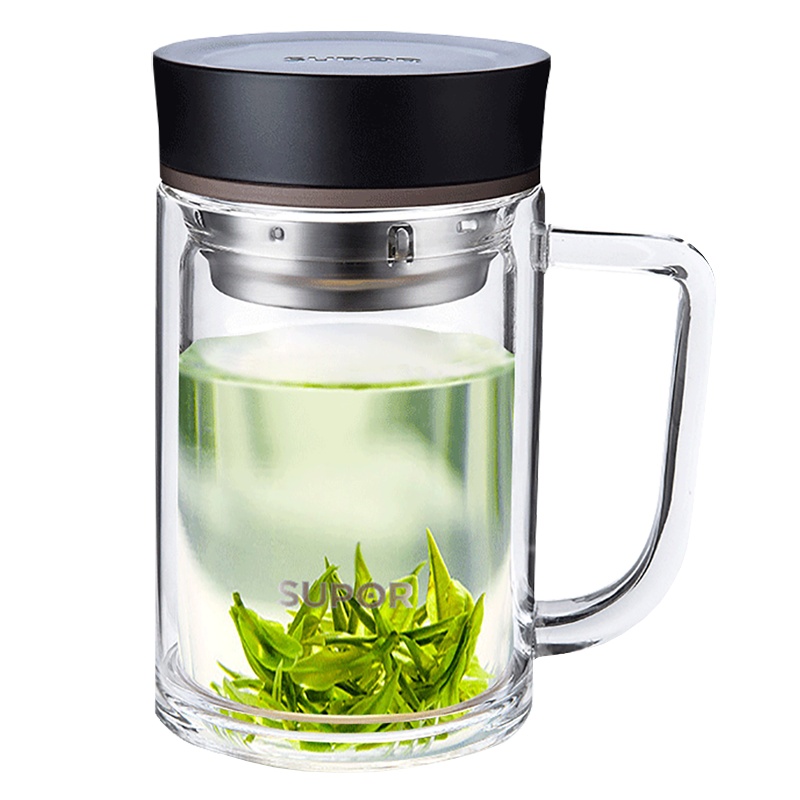 苏泊尔(SUPOR)耐热玻璃杯大容量商务办公室开会泡茶杯双层高硼硅防烫手杯身304不锈钢滤网带把手水杯子KC41AH1