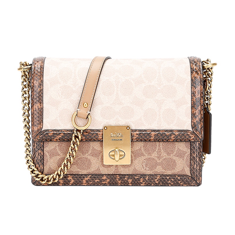 蔻驰 COACH 奢侈品 女士专柜款涂层帆布蛇皮手提单肩斜挎包小号卡其拼色 89068 B4PVR