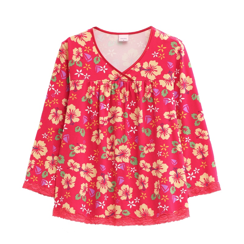 雪仙丽睡衣女春季莫代尔长袖碎花V领夏天时尚宽松家居服套装外穿