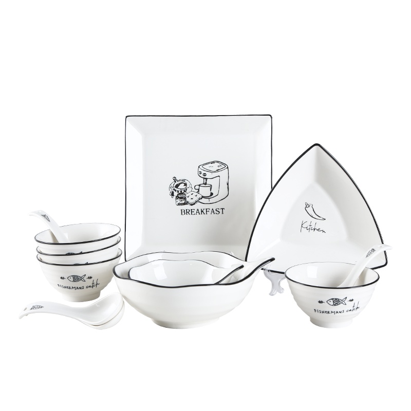 顺祥陶瓷餐具 碗碟套装 陶瓷碗盘子家用 12头釉下彩格调餐具套装(新梦想) 苏宁自营